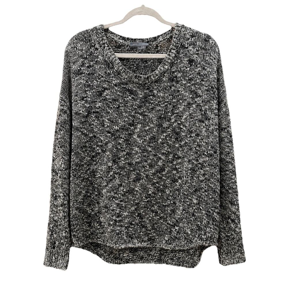 Vince Marled Knit Sweater Women’s Large Black White Hi Low Cotton Linen Blend